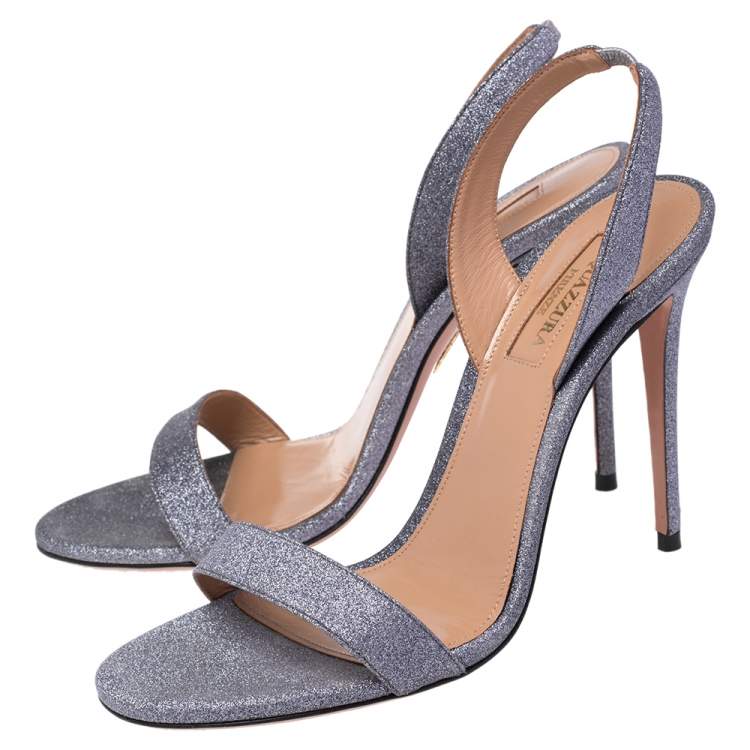 Pre Owned Aquazzura Silver Stardust Fabric So Nude Slingback Sandals Size 37