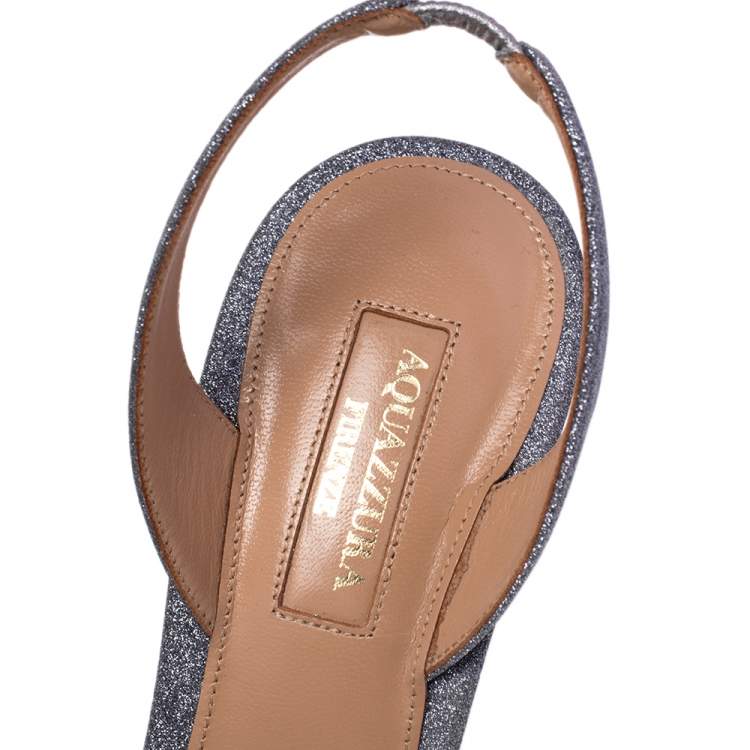 Pre Owned Aquazzura Silver Stardust Fabric So Nude Slingback Sandals Size 37