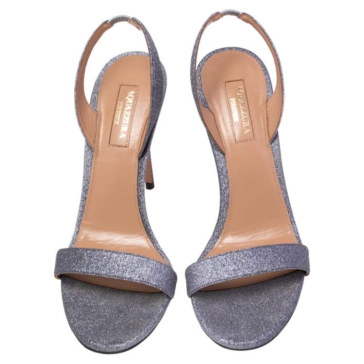 Pre Owned Aquazzura Silver Stardust Fabric So Nude Slingback Sandals Size 37