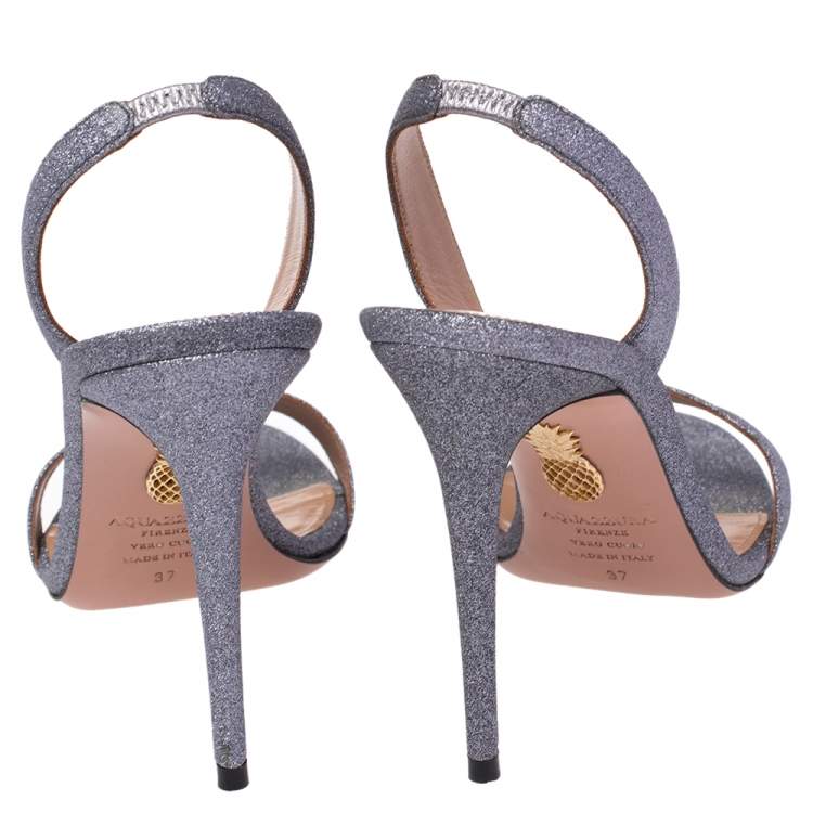 Pre Owned Aquazzura Silver Stardust Fabric So Nude Slingback Sandals Size 37
