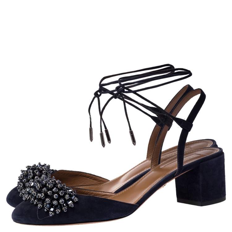 Pre Owned Aquazzura Dark Blue Suede Crystal Embellished Ankle Tie Block Heel Sandals Size 39
