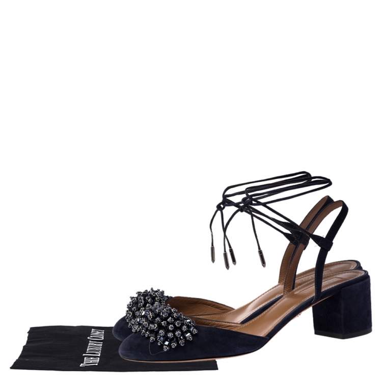 Pre Owned Aquazzura Dark Blue Suede Crystal Embellished Ankle Tie Block Heel Sandals Size 39