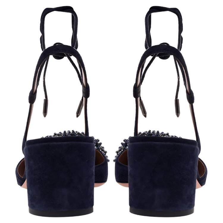 Pre Owned Aquazzura Dark Blue Suede Crystal Embellished Ankle Tie Block Heel Sandals Size 39