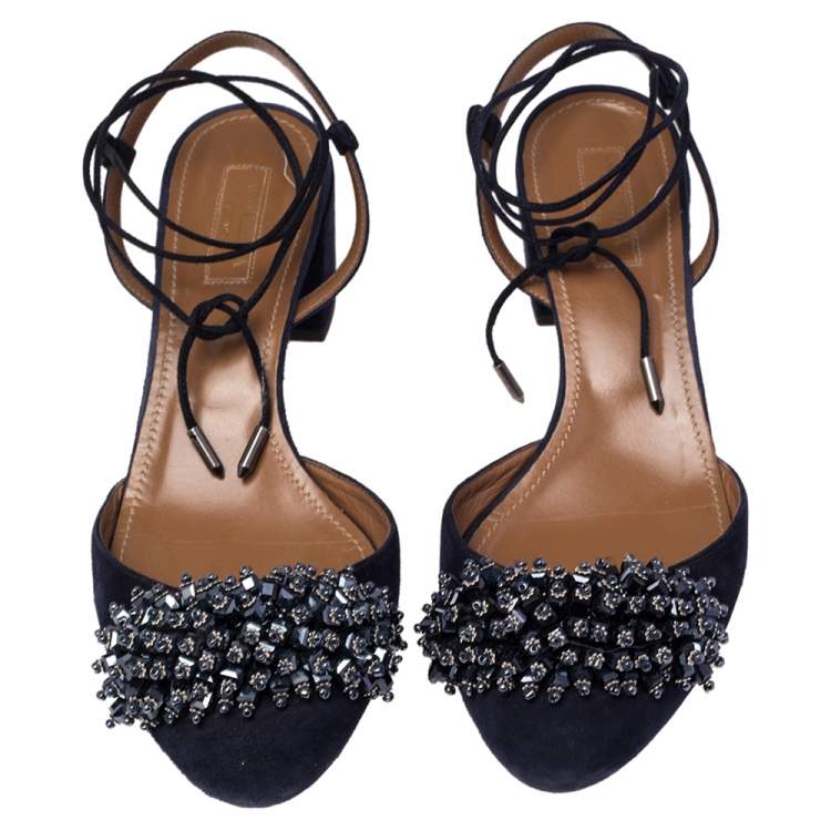 Pre Owned Aquazzura Dark Blue Suede Crystal Embellished Ankle Tie Block Heel Sandals Size 39