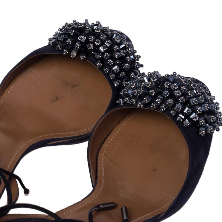Pre Owned Aquazzura Dark Blue Suede Crystal Embellished Ankle Tie Block Heel Sandals Size 39