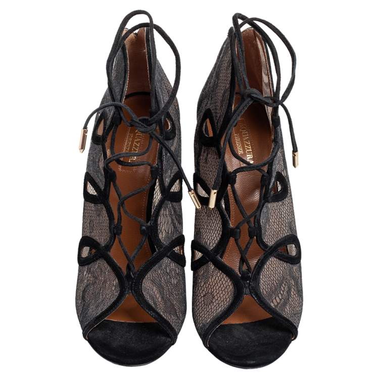 Pre Owned Aquazzura Black Lace and Suede Trim Peep Toe Ankle Tie Booties Size 38