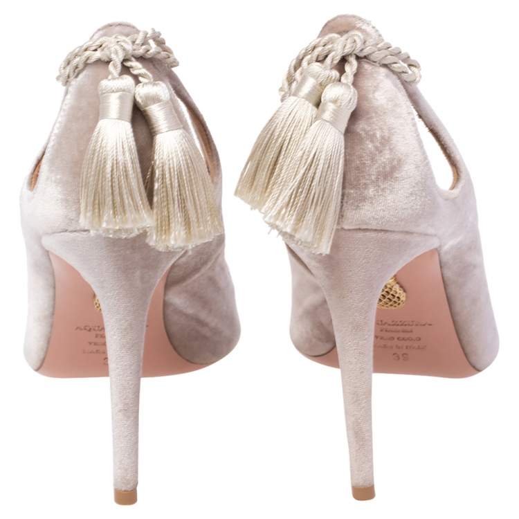Pre Owned Aquazzura Beige Velvet Forever Marilyn Tassel Pointed Toe Pumps Size 39