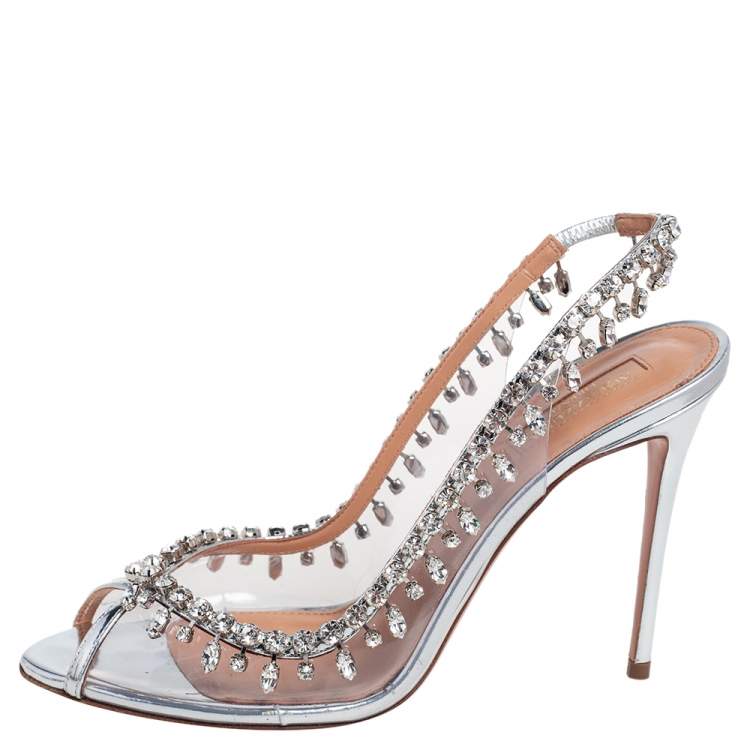 Pre Owned Aquazzura Silver PVC And Leather Temptation Crystal Sandals Size 39