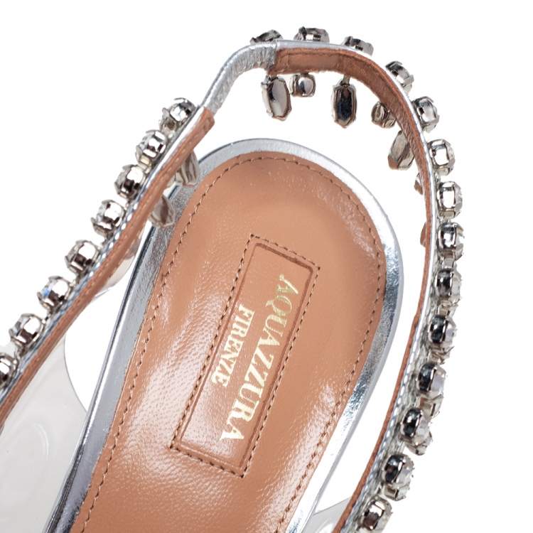 Pre Owned Aquazzura Silver PVC And Leather Temptation Crystal Sandals Size 39