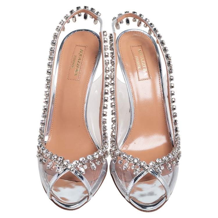 Pre Owned Aquazzura Silver PVC And Leather Temptation Crystal Sandals Size 39