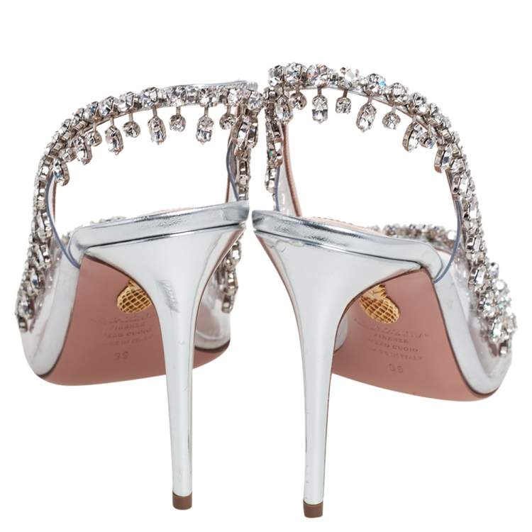 Pre Owned Aquazzura Silver PVC And Leather Temptation Crystal Sandals Size 39