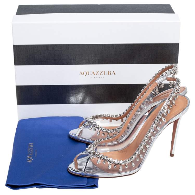 Pre Owned Aquazzura Silver PVC And Leather Temptation Crystal Sandals Size 39