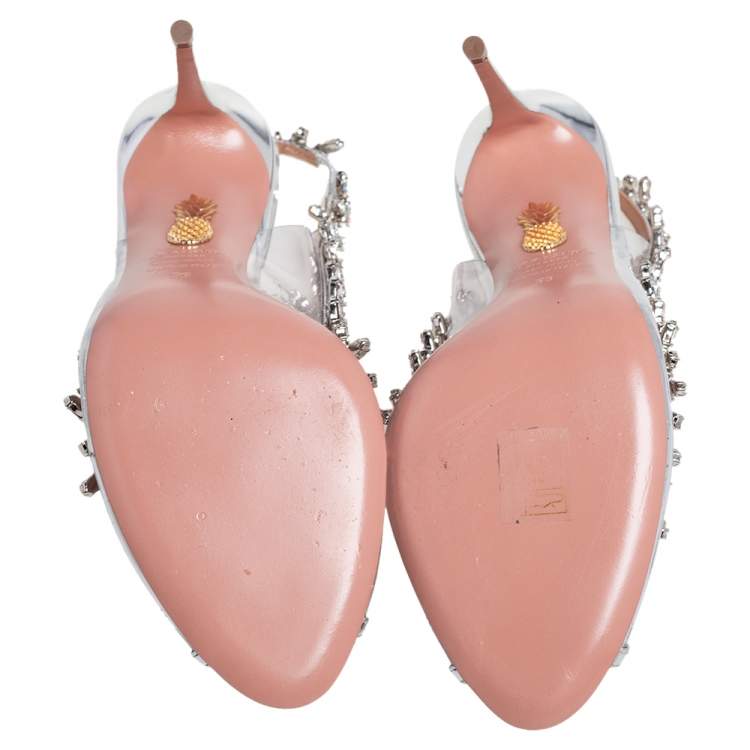 Pre Owned Aquazzura Silver PVC And Leather Temptation Crystal Sandals Size 39