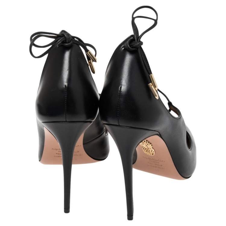 Pre Owned Aquazzura Black Leather Christy Ankle Wrap Pumps Size 40