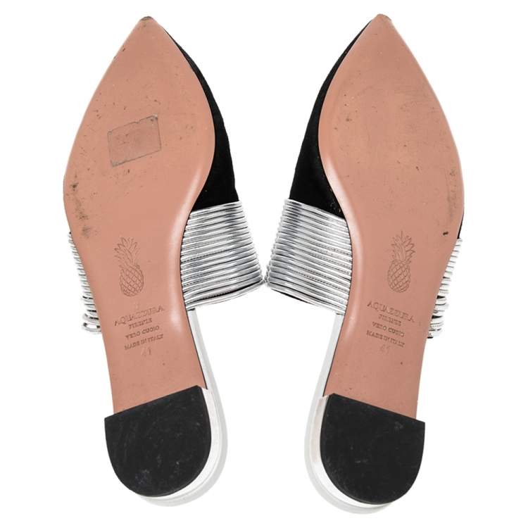 مملوكة مسبقًا Aquazzura Black/Silver Suede and Leather Rendezvous Flat Mules Size 41 