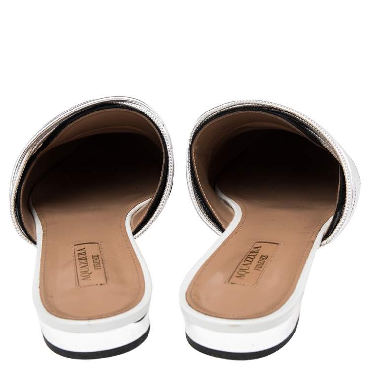 مملوكة مسبقًا Aquazzura Black/Silver Suede and Leather Rendezvous Flat Mules Size 41 