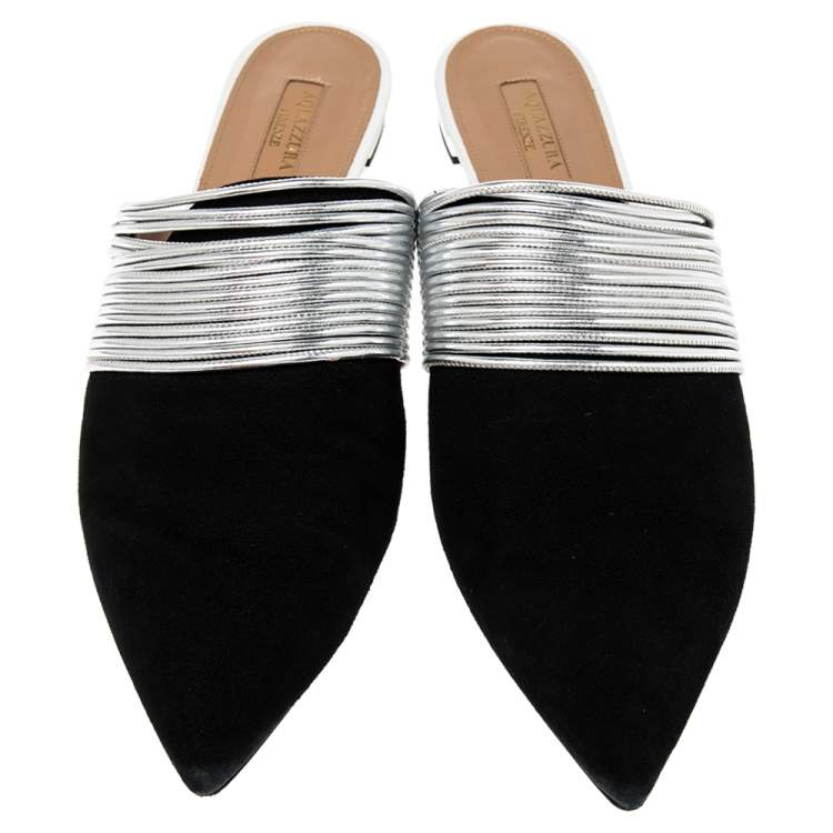 مملوكة مسبقًا Aquazzura Black/Silver Suede and Leather Rendezvous Flat Mules Size 41 