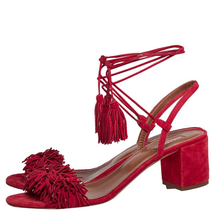 مملوكة مسبقًا Aquazzura Red Suede Wild Thing Fringe Ankle Wrap Sandals Size 40