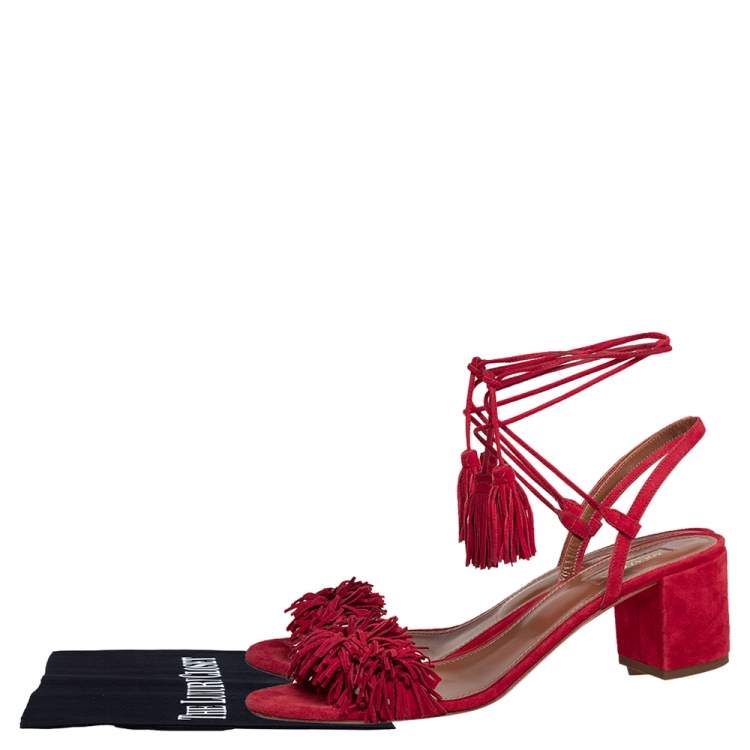 مملوكة مسبقًا Aquazzura Red Suede Wild Thing Fringe Ankle Wrap Sandals Size 40