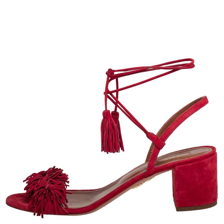 مملوكة مسبقًا Aquazzura Red Suede Wild Thing Fringe Ankle Wrap Sandals Size 40