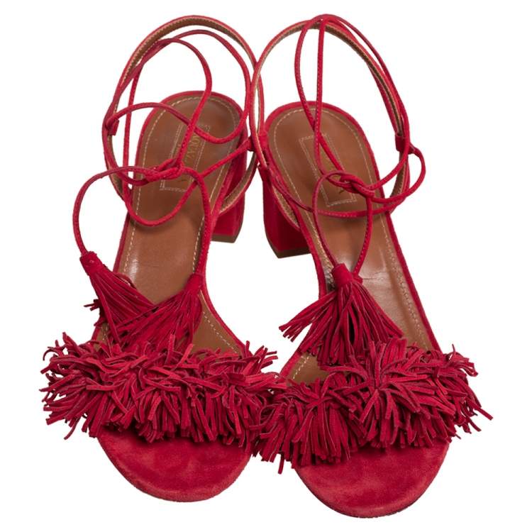 مملوكة مسبقًا Aquazzura Red Suede Wild Thing Fringe Ankle Wrap Sandals Size 40