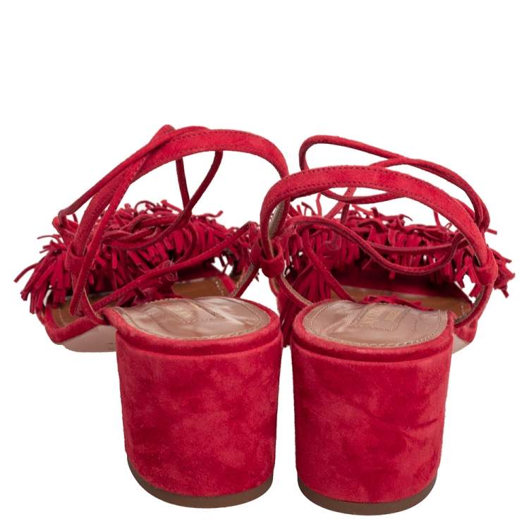 مملوكة مسبقًا Aquazzura Red Suede Wild Thing Fringe Ankle Wrap Sandals Size 40