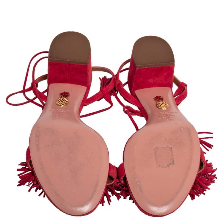 مملوكة مسبقًا Aquazzura Red Suede Wild Thing Fringe Ankle Wrap Sandals Size 40