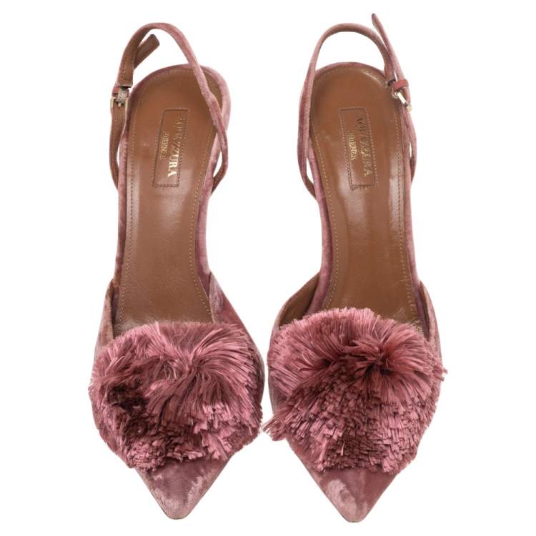 Pre Owned Aquazzura Pink Velvet Powder Puff Pointed Toe Slingback Sandals Size 41