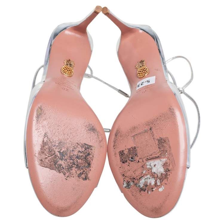 Pre Owned Aquazzura Silver Leather Sofia Open Toe Ankle Tie Sandals Size 40.5