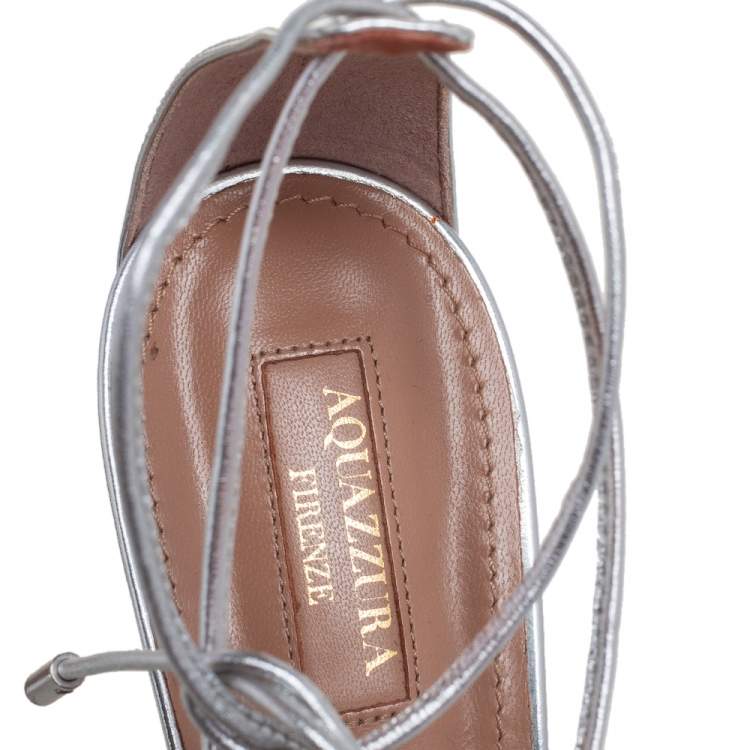 Pre Owned Aquazzura Silver Leather Sofia Open Toe Ankle Tie Sandals Size 40.5