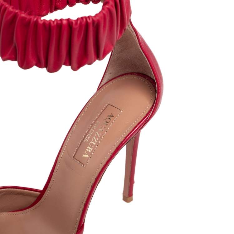 Pre Owned Aquazzura Red Leather Ankle Cuff Pointed Toe Sandals Size 37