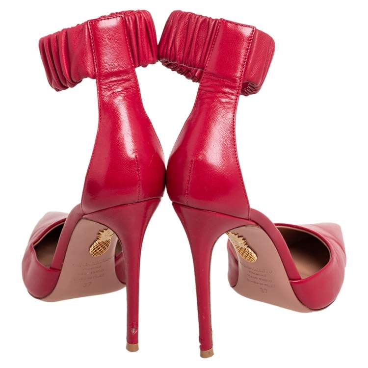 Pre Owned Aquazzura Red Leather Ankle Cuff Pointed Toe Sandals Size 37