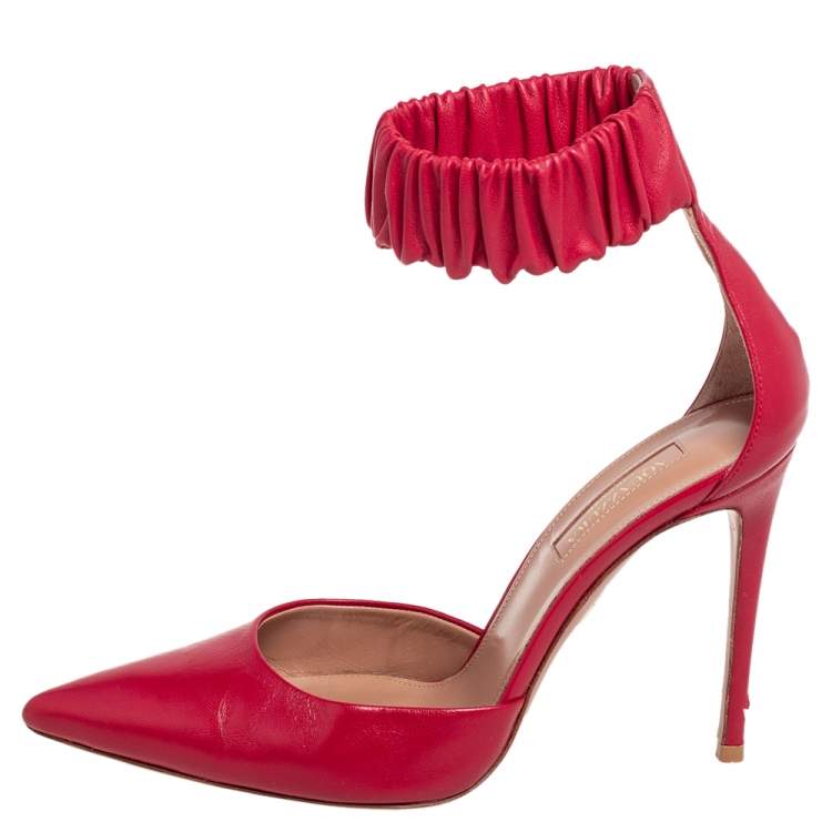 Pre Owned Aquazzura Red Leather Ankle Cuff Pointed Toe Sandals Size 37
