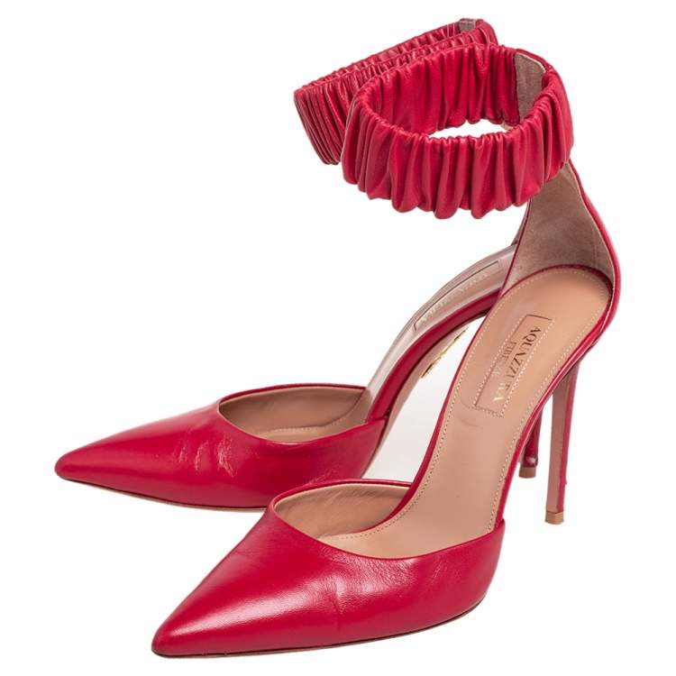 Pre Owned Aquazzura Red Leather Ankle Cuff Pointed Toe Sandals Size 37