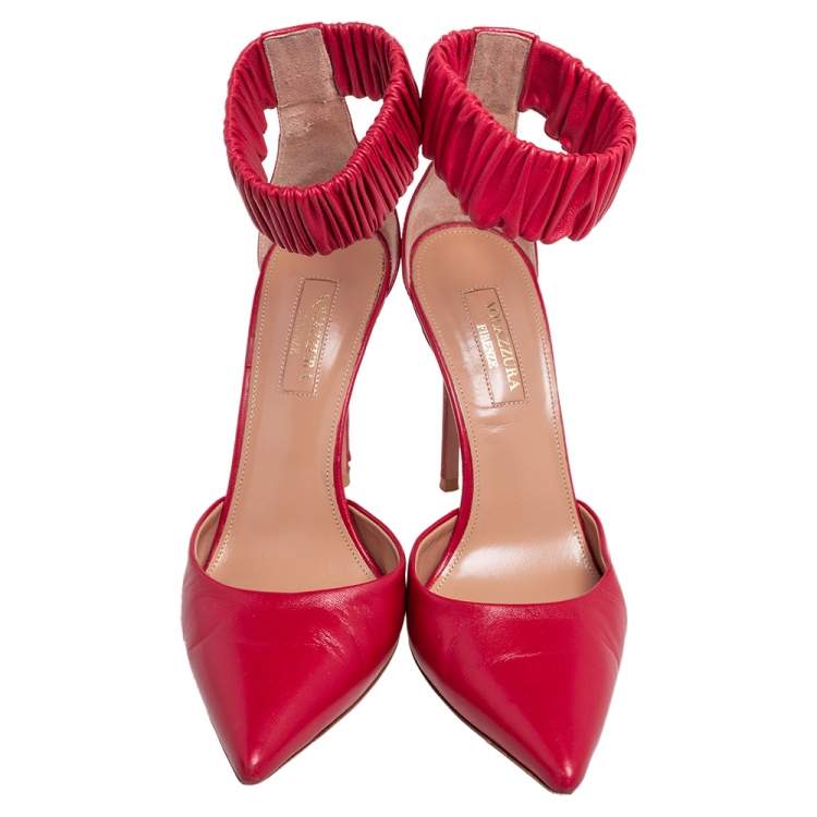 Pre Owned Aquazzura Red Leather Ankle Cuff Pointed Toe Sandals Size 37