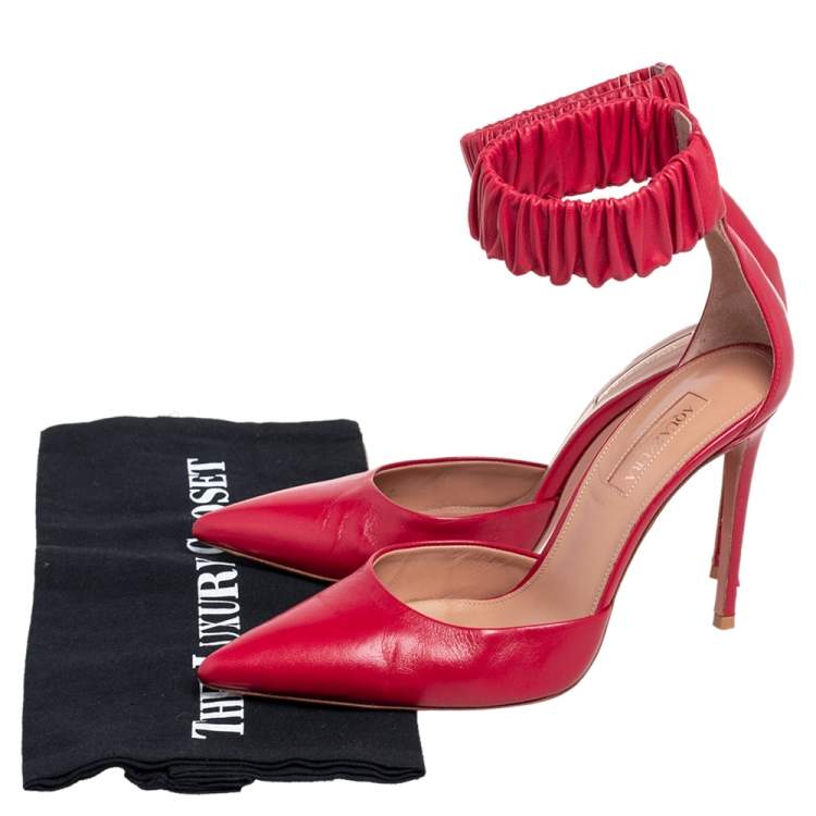 Pre Owned Aquazzura Red Leather Ankle Cuff Pointed Toe Sandals Size 37