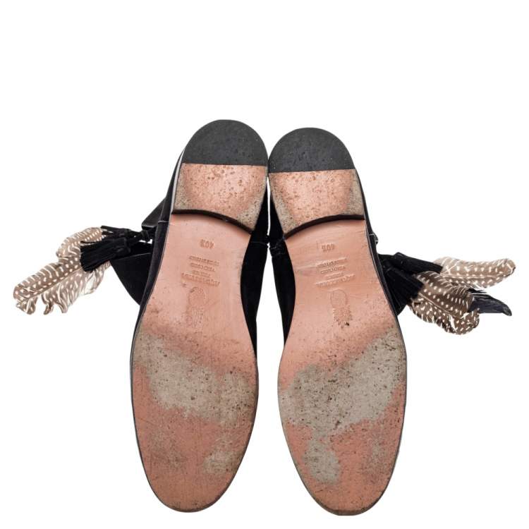 Pre Owned Aquazzura Black Suede Feather Coachella Ankle Length Boots Size 40.5