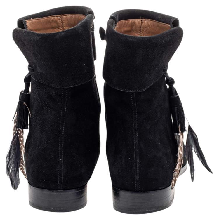 Pre Owned Aquazzura Black Suede Feather Coachella Ankle Length Boots Size 40.5