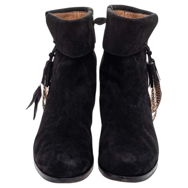 Pre Owned Aquazzura Black Suede Feather Coachella Ankle Length Boots Size 40.5