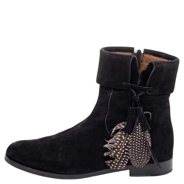 Pre Owned Aquazzura Black Suede Feather Coachella Ankle Length Boots Size 40.5