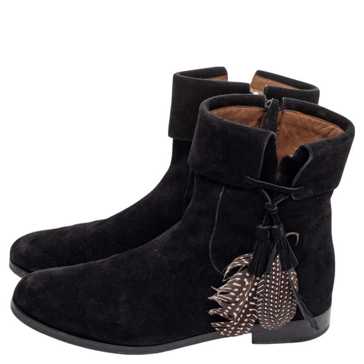 Pre Owned Aquazzura Black Suede Feather Coachella Ankle Length Boots Size 40.5