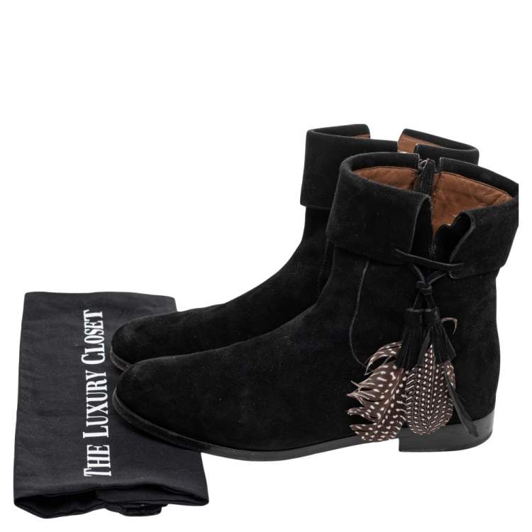 Pre Owned Aquazzura Black Suede Feather Coachella Ankle Length Boots Size 40.5