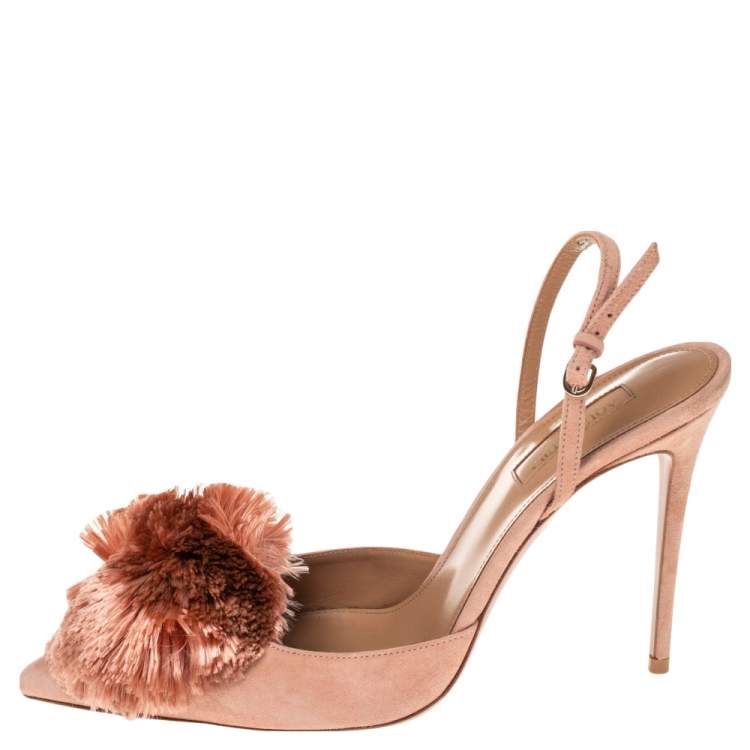 Pre Owned Aquazzura Beige Suede Powder Puff  Pointed Toe Slingback Sandals Size 39.5