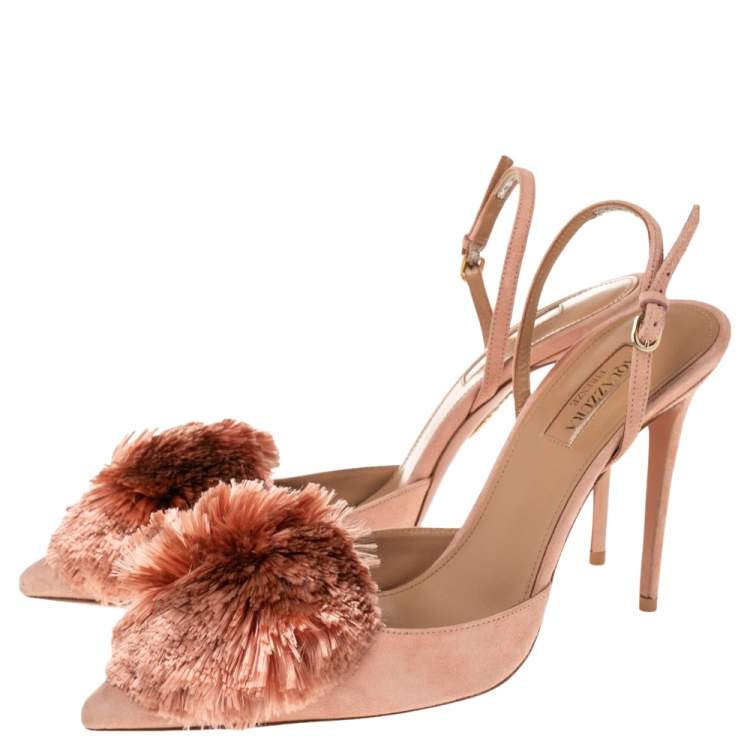 Pre Owned Aquazzura Beige Suede Powder Puff  Pointed Toe Slingback Sandals Size 39.5