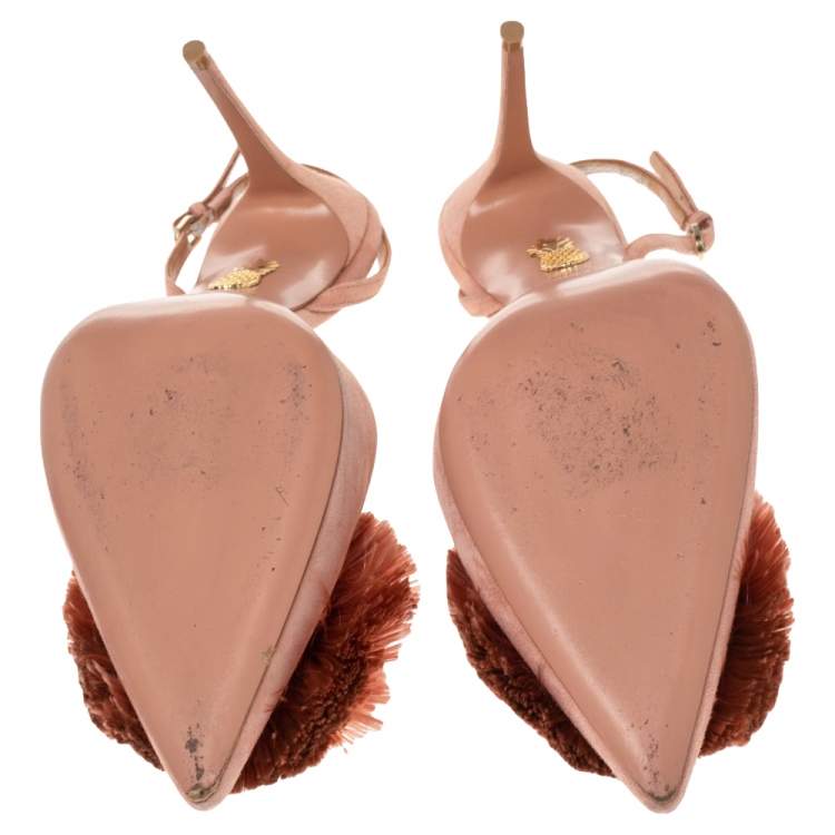 Pre Owned Aquazzura Beige Suede Powder Puff  Pointed Toe Slingback Sandals Size 39.5