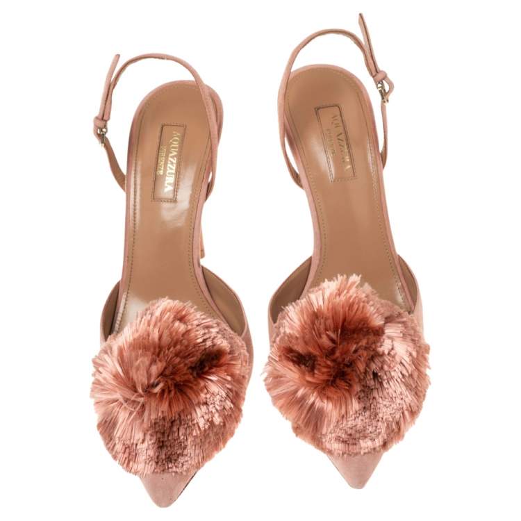 Pre Owned Aquazzura Beige Suede Powder Puff  Pointed Toe Slingback Sandals Size 39.5