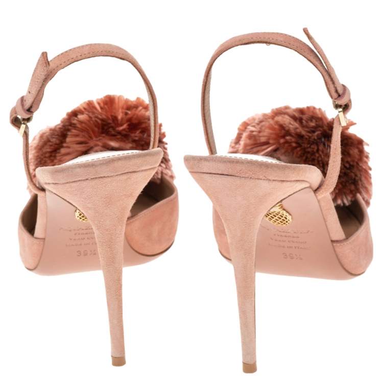 Pre Owned Aquazzura Beige Suede Powder Puff  Pointed Toe Slingback Sandals Size 39.5