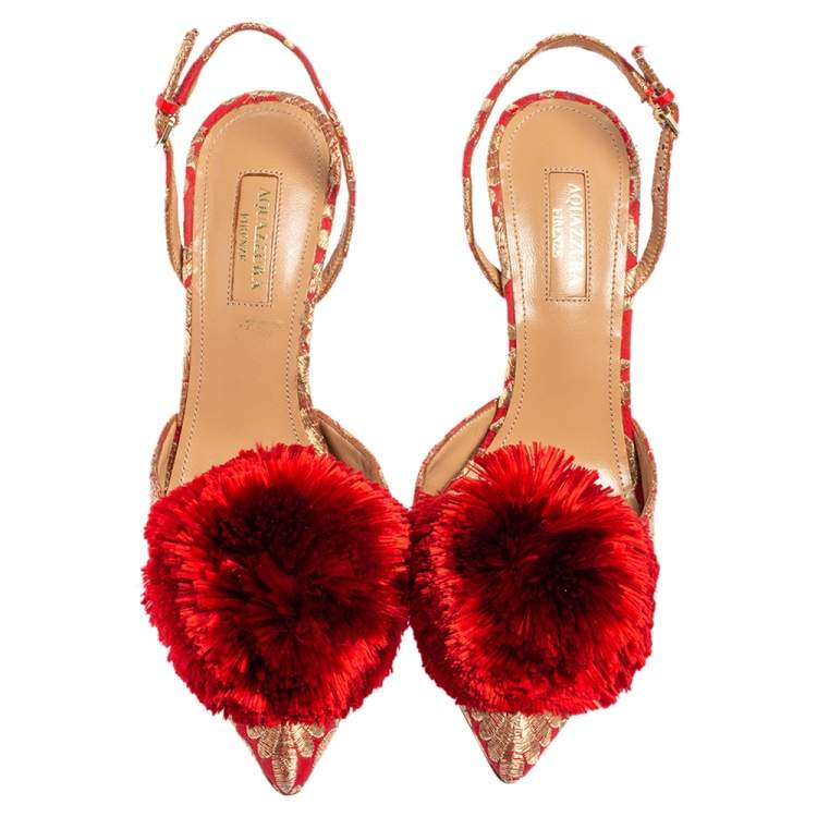 Pre Owned Aquazzura Red Brocade Fabric Powder Puff Slingback Sandals Size 38