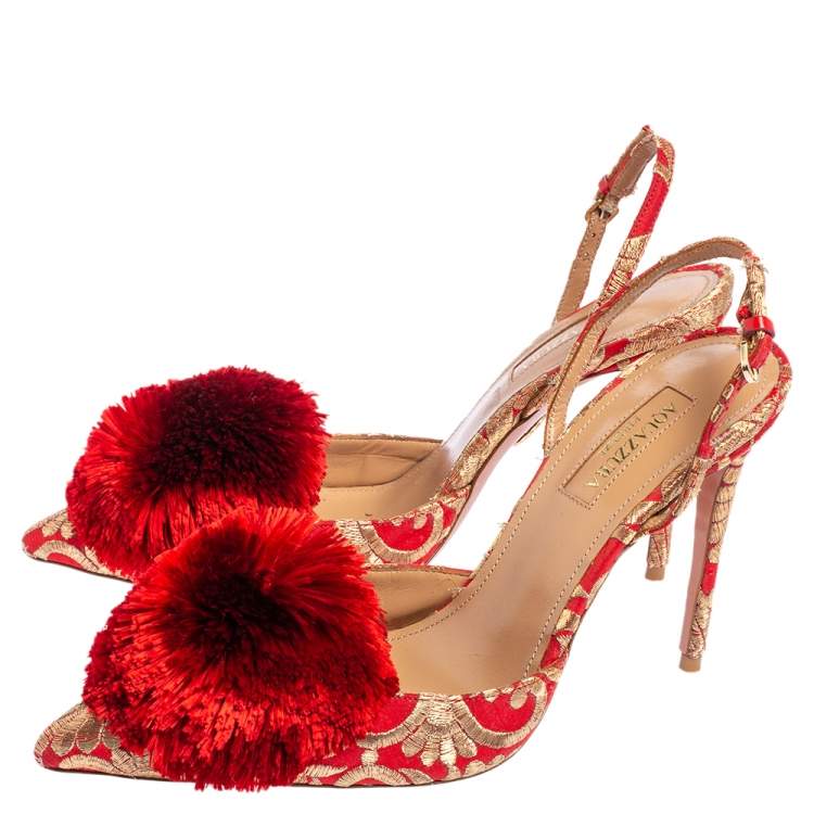 Pre Owned Aquazzura Red Brocade Fabric Powder Puff Slingback Sandals Size 38