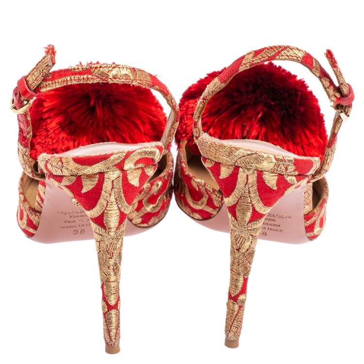 Pre Owned Aquazzura Red Brocade Fabric Powder Puff Slingback Sandals Size 38